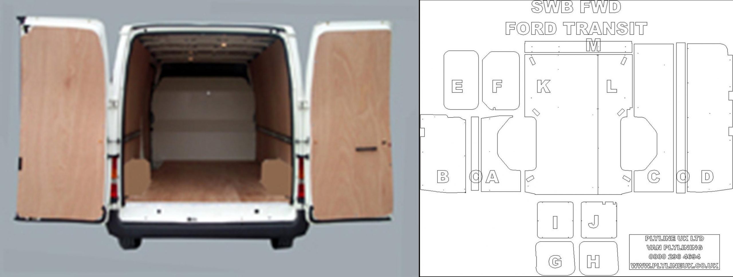 Short Wheel Base Ford Transit Van Ply Lining Kit WITH SIDE RAILS – 2000 On  – Plyline UK Ltd