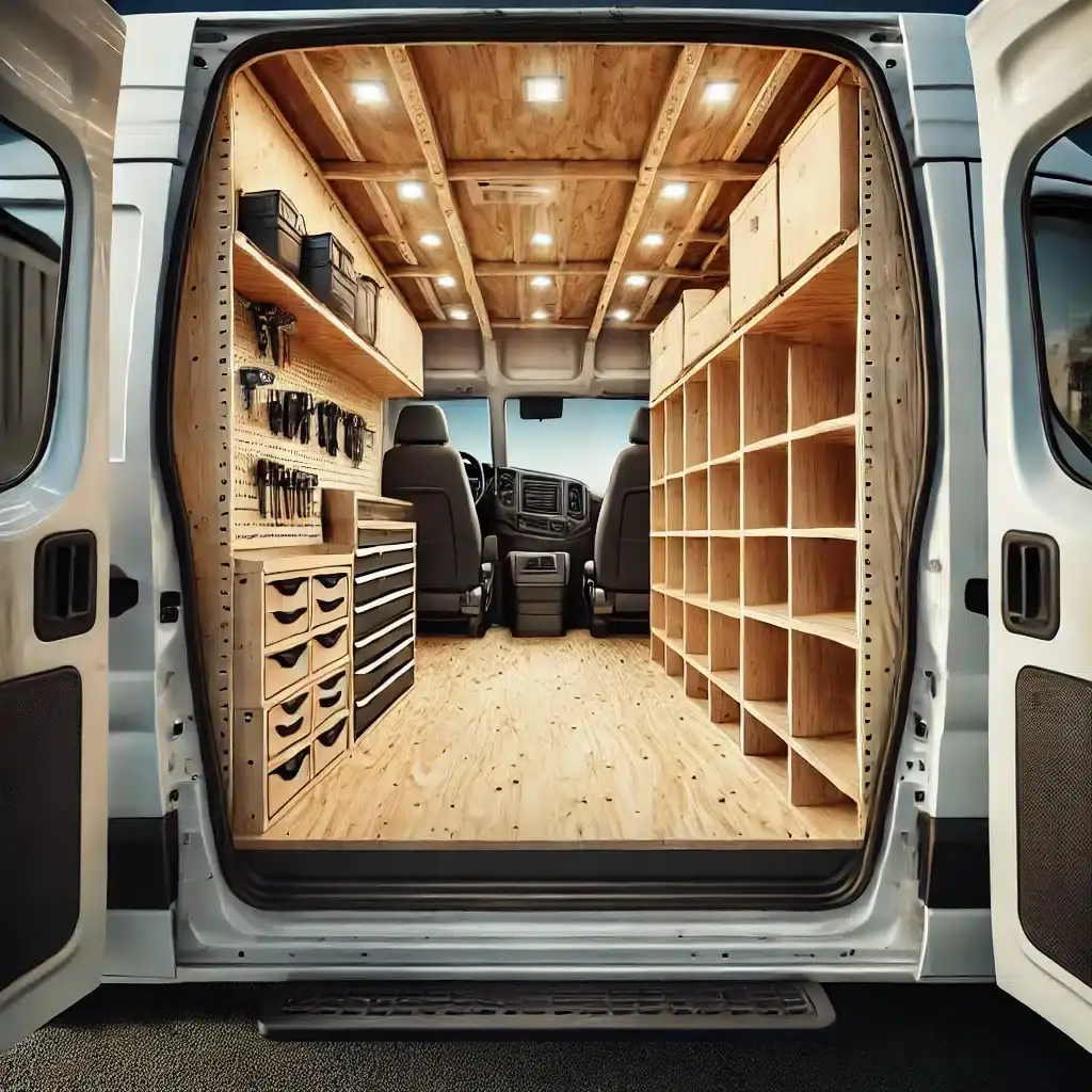 Van interior featuring a professionally installed plywood shelving unit, optimizing storage space for tools and equipment.