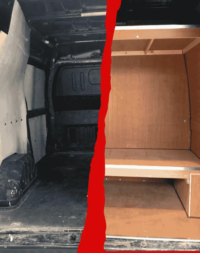 Before and after van flooring transformation showing upgraded plywood flooring by PlylineUK.