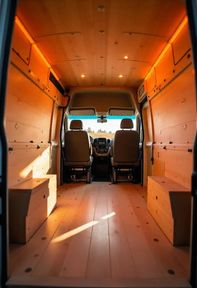 Cosy wooden interior of a camper van with integrated plylining and warm lighting